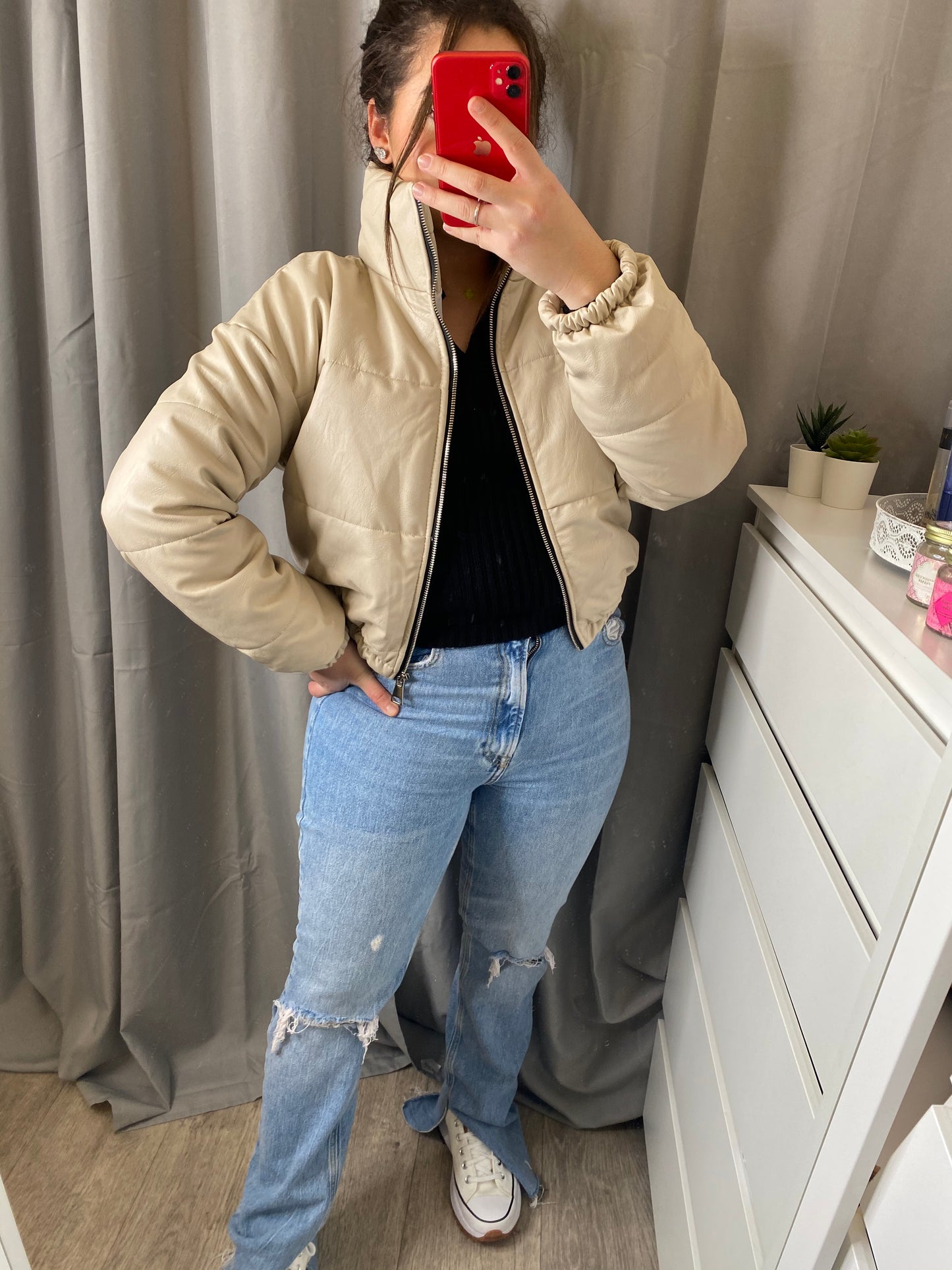 Doudoune simili cuir beige