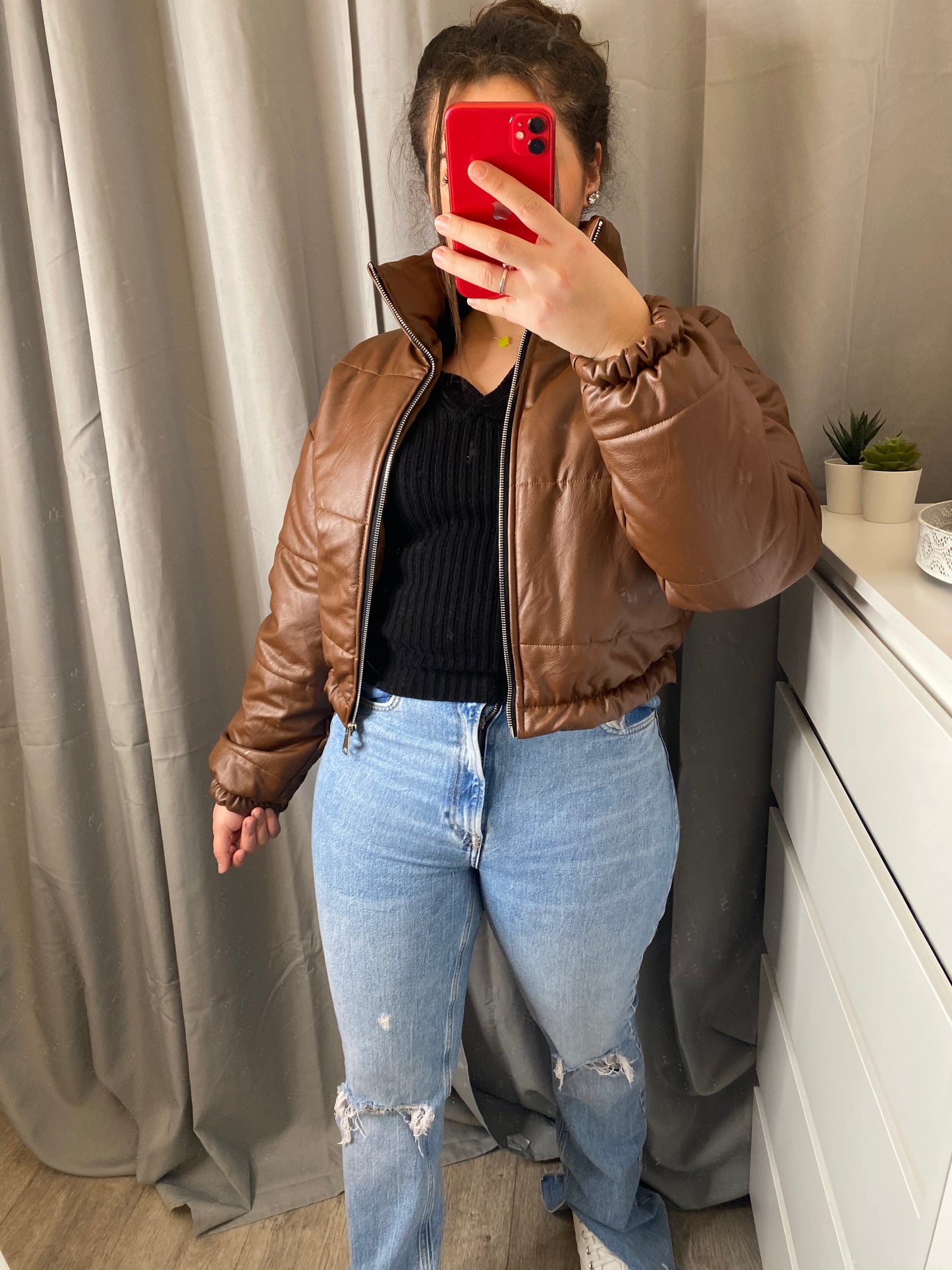 Doudoune simili cuir marron