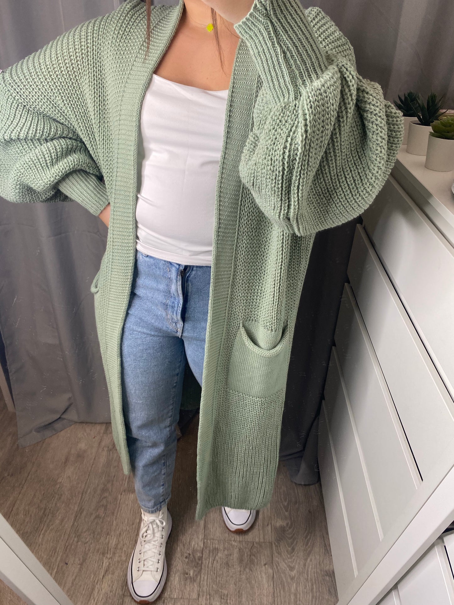 Gilet long en maille à poche vert d’eau