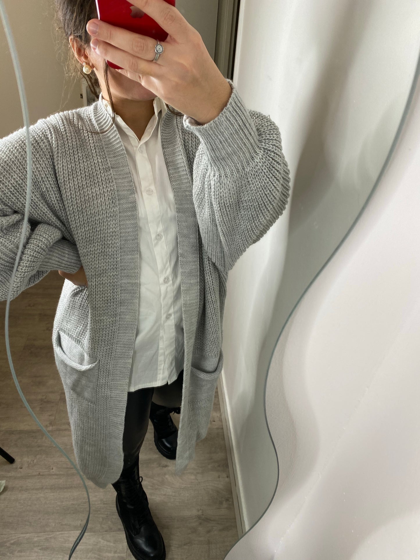 Gilet long en maille à poche gris