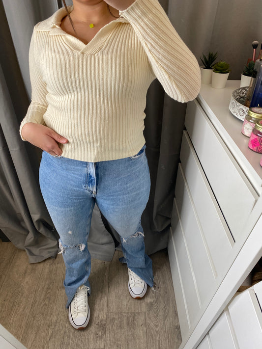 Top col en V beige