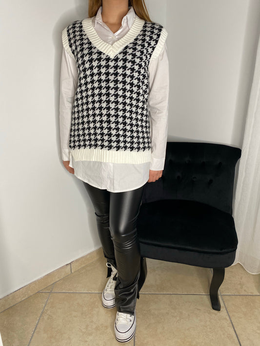 Pull sans manche pied de poule blanc
