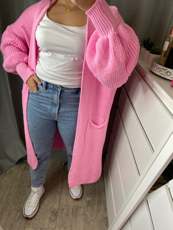 Gilet long en maille à poche rose