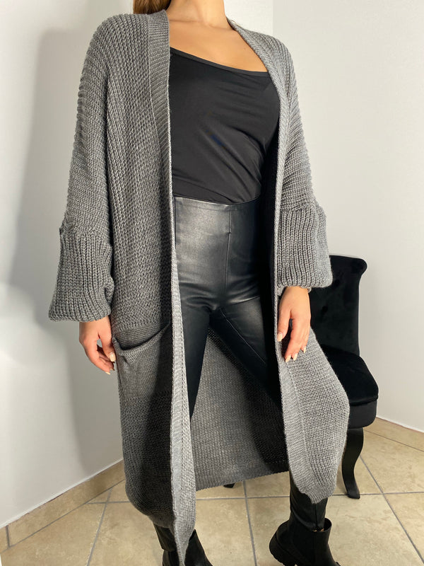 Gilet long en maille à poche gris