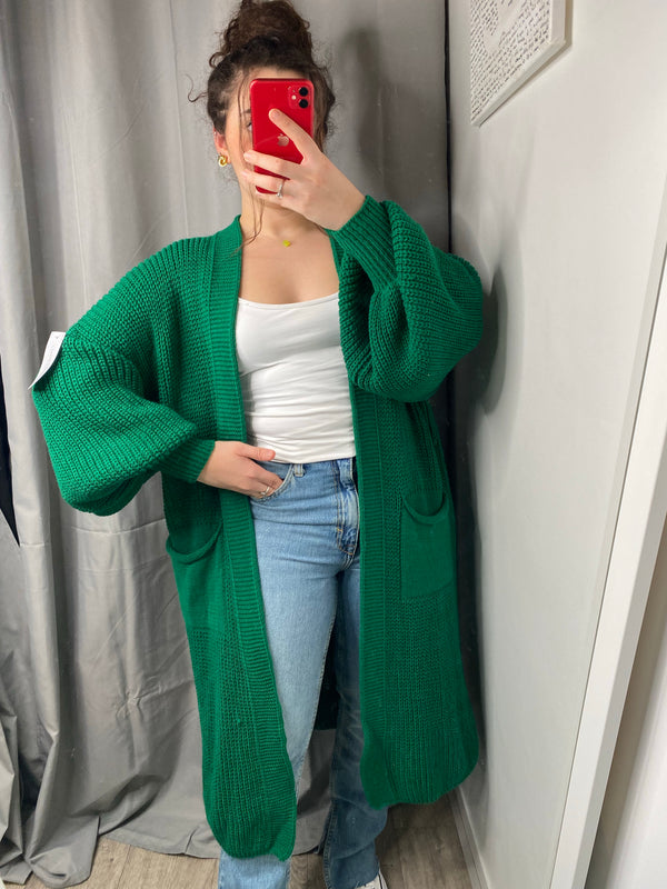 Gilet long en maille à poche vert sapin