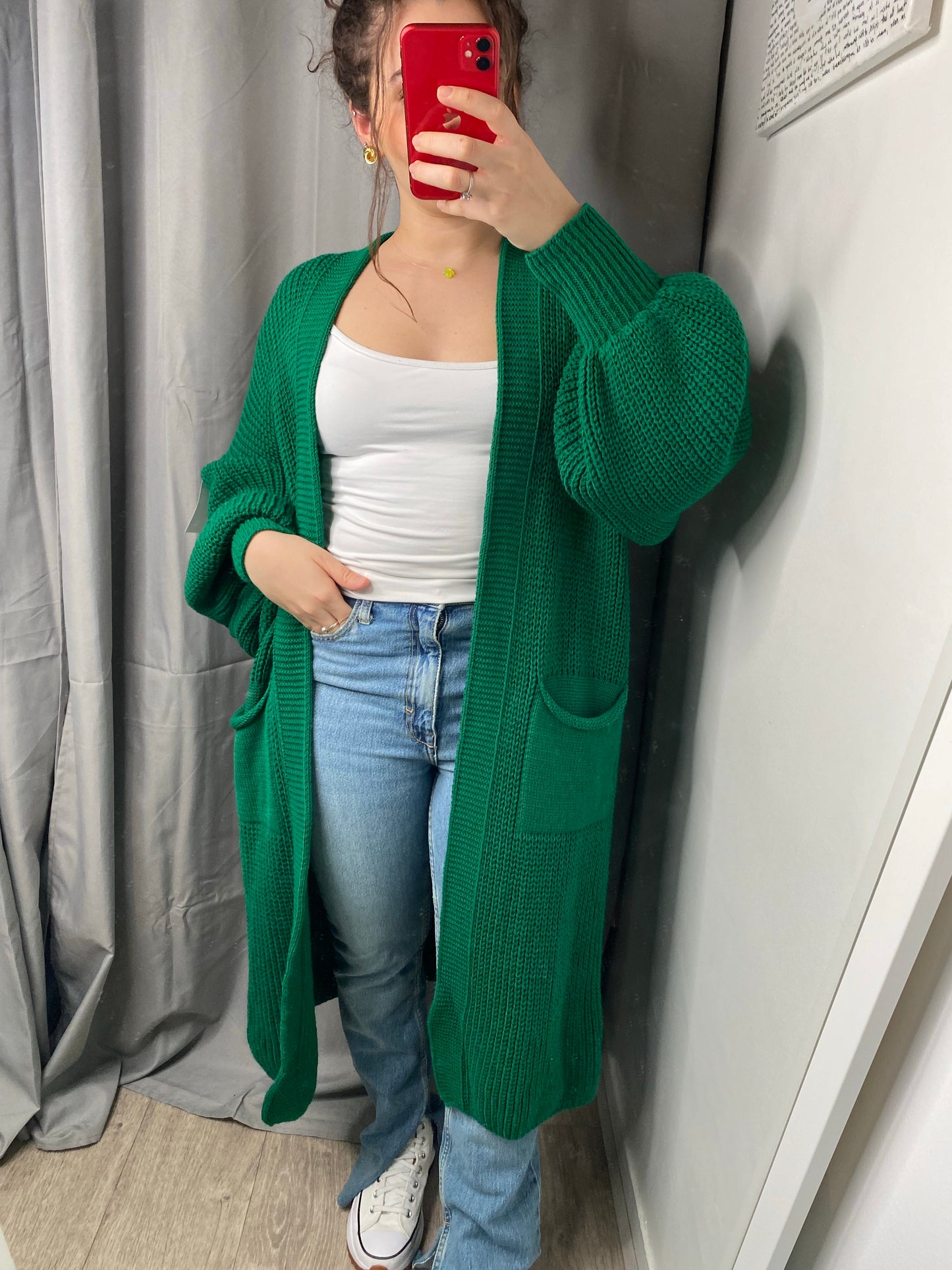 Gilet long en maille à poche vert sapin